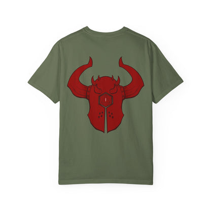 Copy of Demonic Horned Helmet T-Shirt — Red Viking Armor Back Print