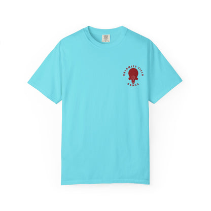 Copy of Demonic Horned Helmet T-Shirt — Red Viking Armor Back Print