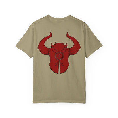 Copy of Demonic Horned Helmet T-Shirt — Red Viking Armor Back Print